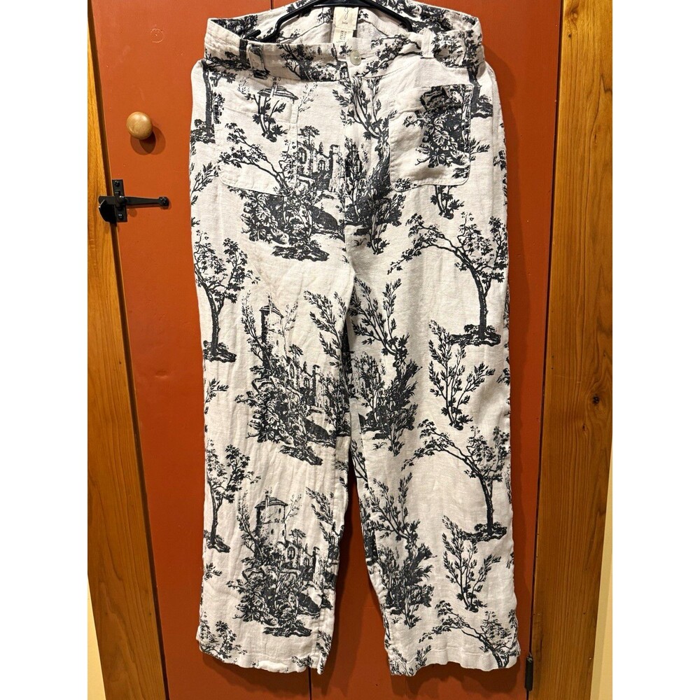 Joie Women’s White/Black Toile Linen Ankle Pants Flat Front Button Pockets